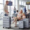 Three-piece gray hardside luggage set with 20, 24, and 28-inch suitcases, perfect for family travel and easy storage.