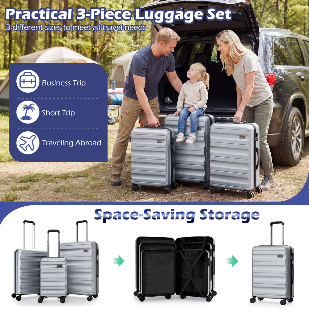 3-piece gray hardside luggage set with nesting design for space-saving storage, featuring 360° spinner wheels and.