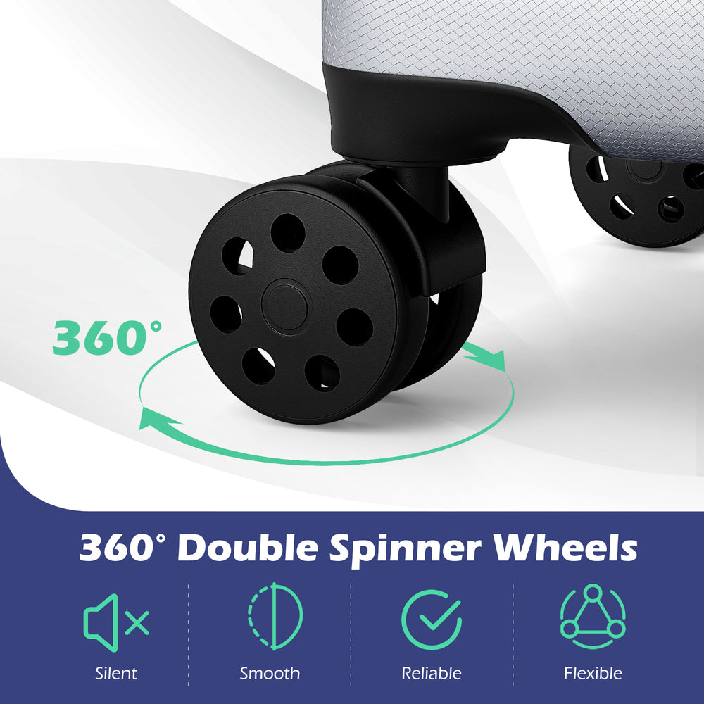 360° double spinner wheels of the gray 3-piece hardside luggage set for effortless, silent movement and reliable travel.