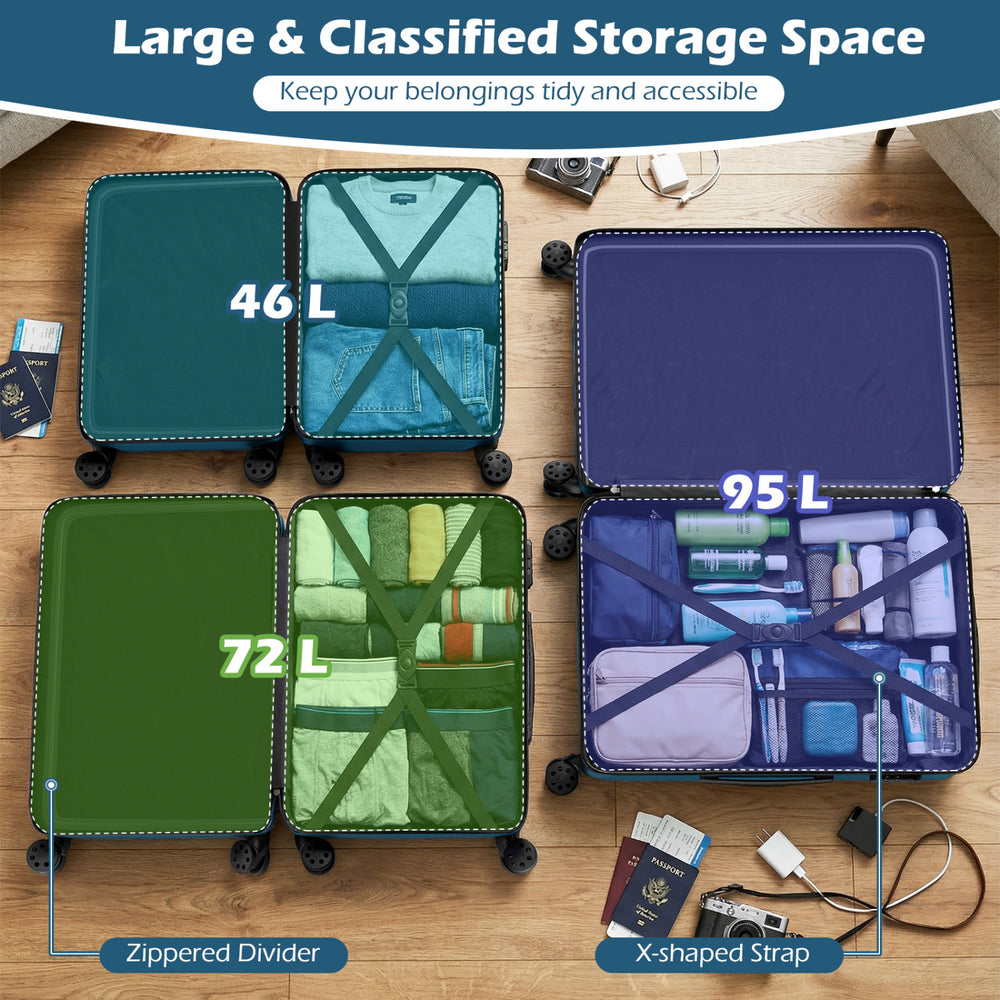 Three-piece lightweight hardside luggage set in blue with organized compartments and 360° spinner wheels for easy.