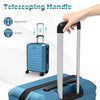 Telescoping handle of a blue hardside suitcase, adjustable and sturdy for easy maneuverability during travel.
