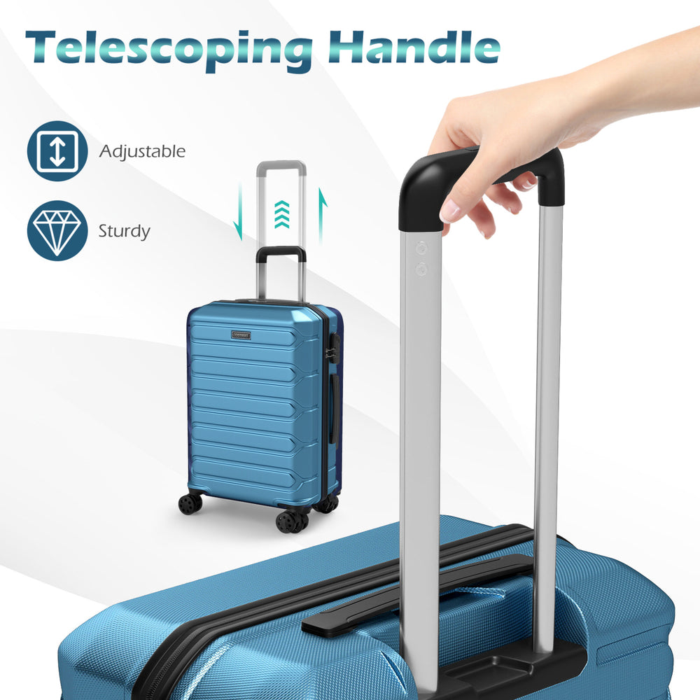 Telescoping handle of a blue hardside suitcase, adjustable and sturdy for easy maneuverability during travel.