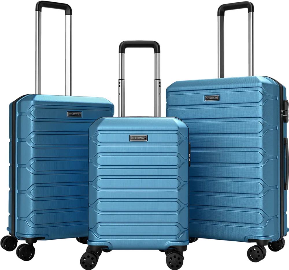 Three-piece blue hardside luggage set with 8-spinner wheels, featuring nesting design and durable ABS material for.