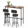 3-piece industrial bar table set with rustic brown tabletop and two upholstered stools for cozy dining room gatherings.