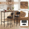 3-piece industrial bar table set with rustic wood grain, featuring two upholstered stools and adjustable foot pads for.