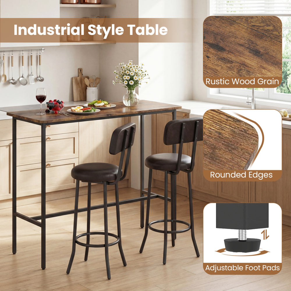 3-piece industrial bar table set with rustic wood grain, featuring two upholstered stools and adjustable foot pads for.