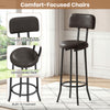 Upholstered bar stool with backrest and footrest in rustic brown, designed for comfort and industrial style dining.