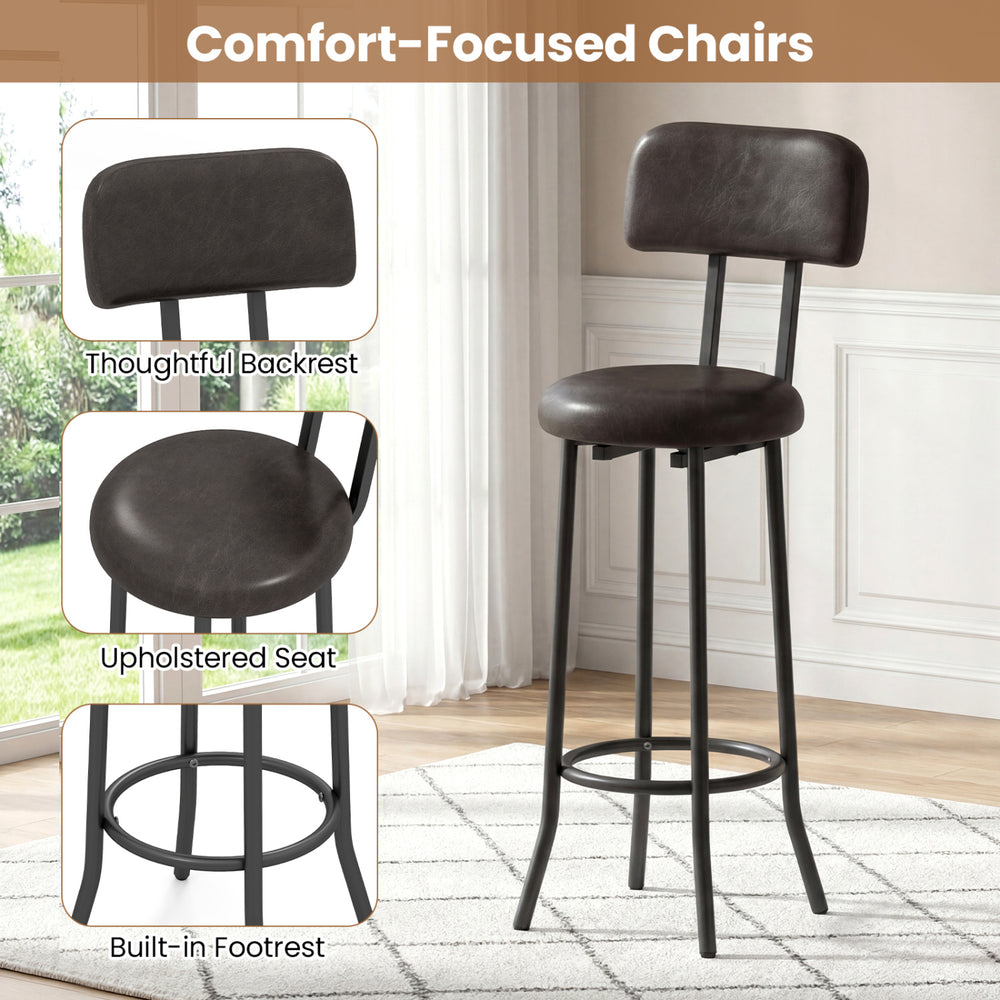 Upholstered bar stool with backrest and footrest in rustic brown, designed for comfort and industrial style dining.