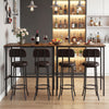3-piece industrial bar table set with rustic brown tabletop and two upholstered stools for dining room comfort.