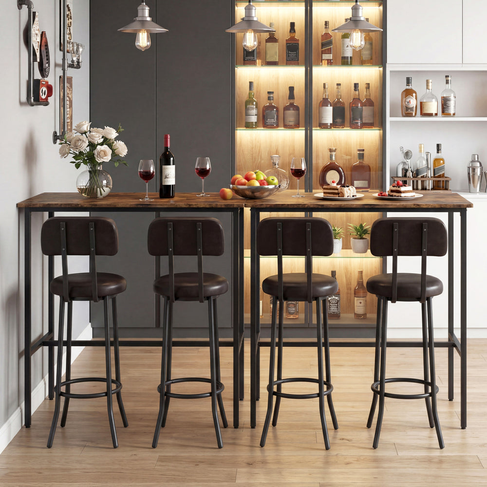 3-piece industrial bar table set with rustic brown tabletop and two upholstered stools for dining room comfort.