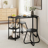 3-piece black industrial dining table set with stools and side shelves, perfect for small spaces and easy organization.