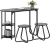 3-piece industrial dining table set in black with stools, featuring faux wood grain and space-saving design for small.