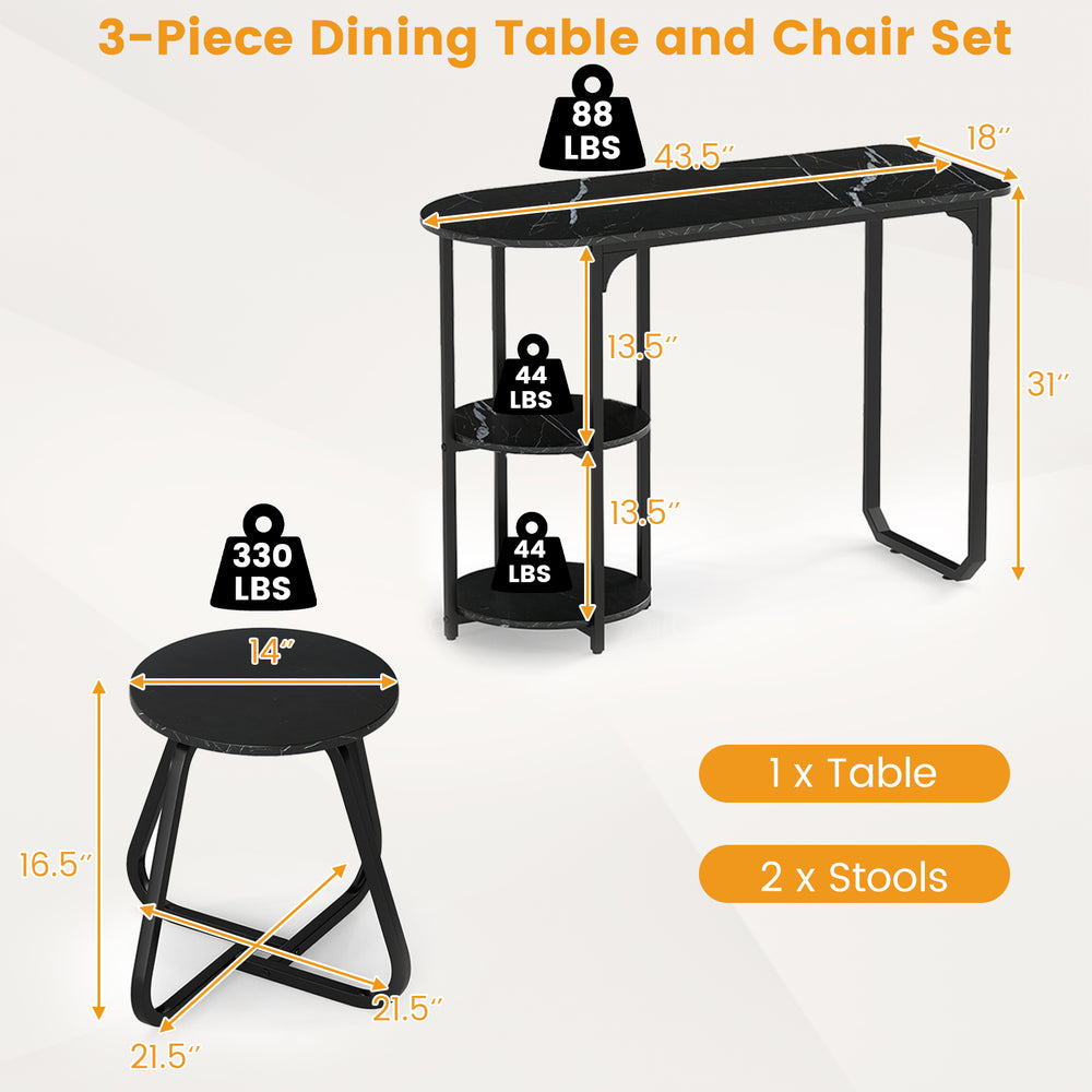 3-piece black industrial dining table set with 2 stools, featuring faux wood grain and adjustable foot pads for.