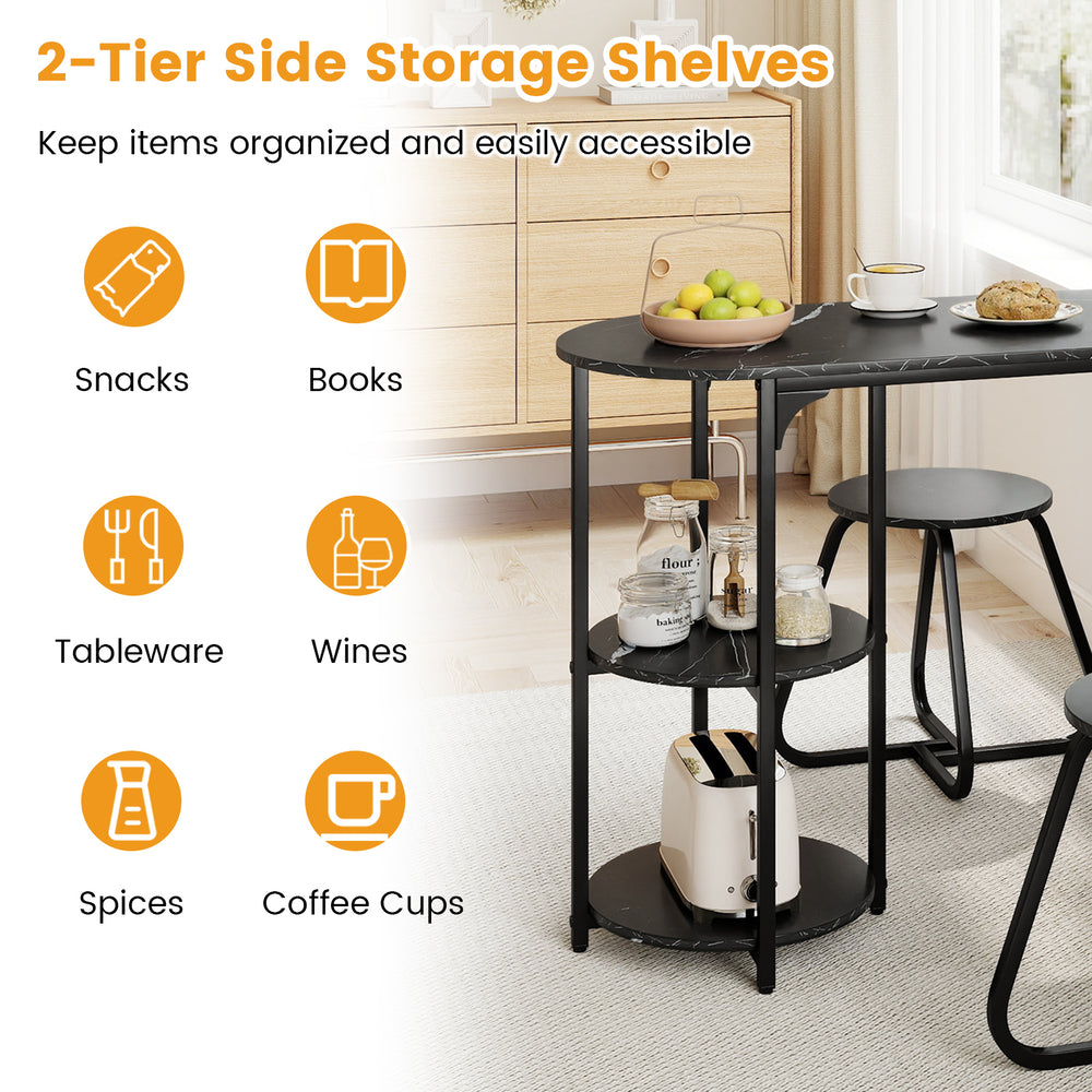 2-tier side storage shelves of a black industrial dining table set, ideal for organizing snacks, books, and tableware.