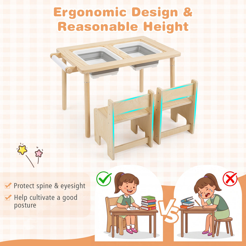3-piece kids activity table and chair set with adjustable height, solid wood legs, and dual-sided tabletop for versatile play.