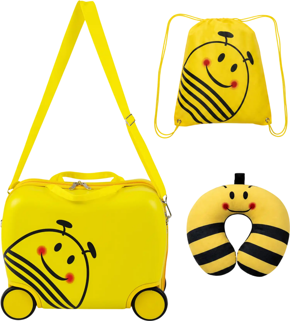 Soft neck pillow in a bee design enhances comfort for kids during travel with the 3-piece carry-on luggage set.