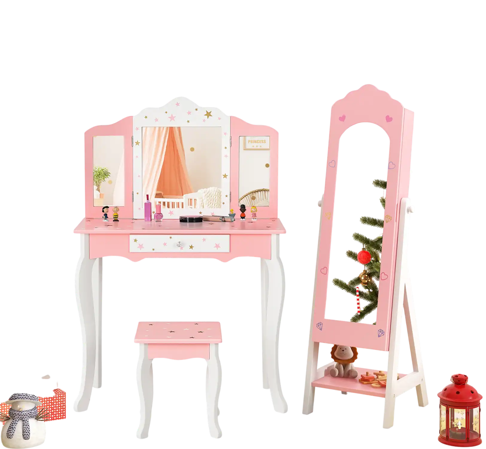 Costway Kids Vanity Set Jewelry Armoire Full-Length Mirror Pink 29175346 New