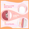 Curved handle and magnetic catch detail of the pink kids vanity set with full-length mirror and jewelry armoire.
