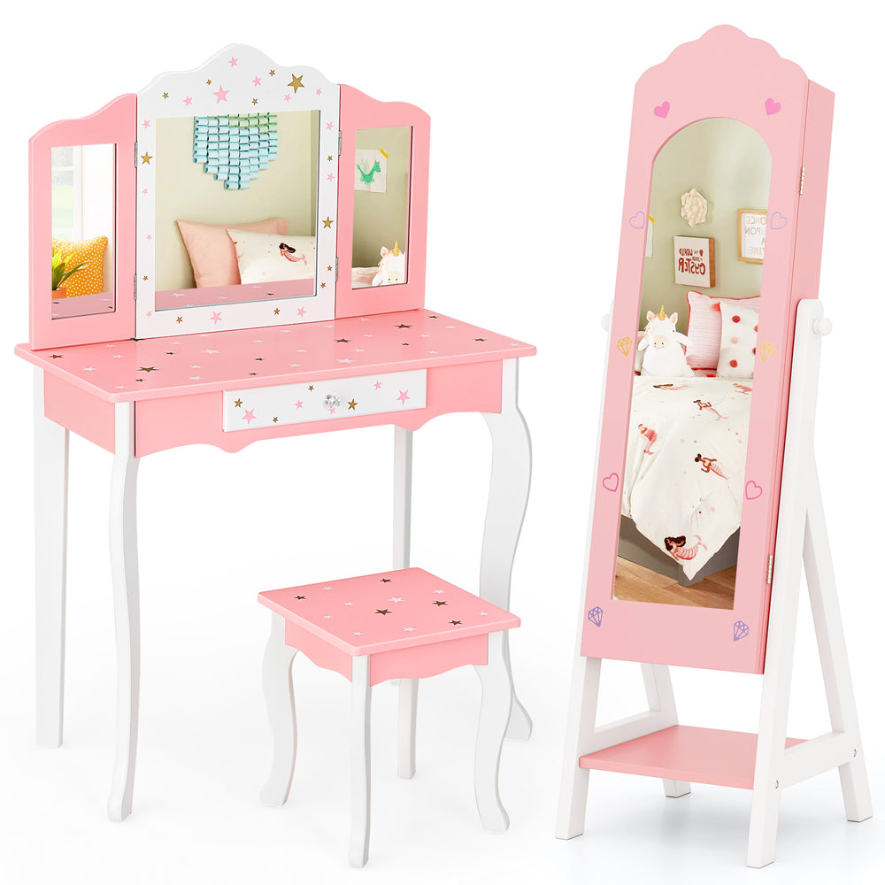 Kids vanity set in pink with tri-fold mirror, stool, and full-length mirror for pretend play and jewelry storage.