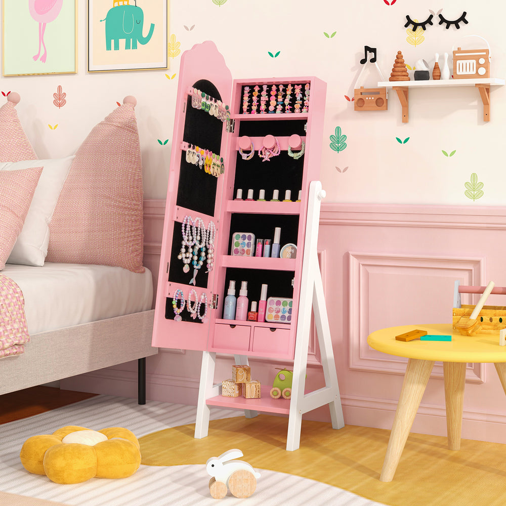 Kids vanity set with pink jewelry armoire and full-length mirror, perfect for pretend play and storage in a child's.