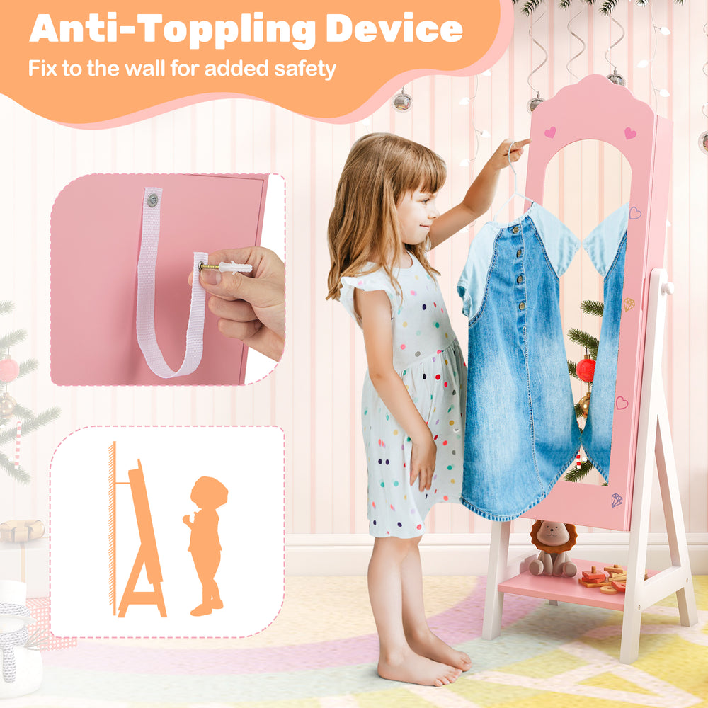 Kids vanity set in pink with full-length mirror, featuring anti-toppling device for safety and storage compartments.