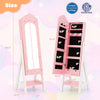 Kids vanity set with full-length mirror and jewelry armoire in pink, featuring storage compartments and tri-fold mirror.