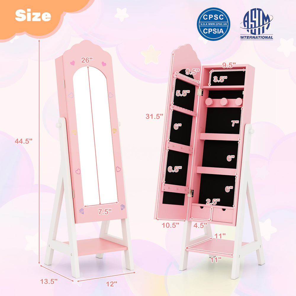 Kids vanity set with full-length mirror and jewelry armoire in pink, featuring storage compartments and tri-fold mirror.