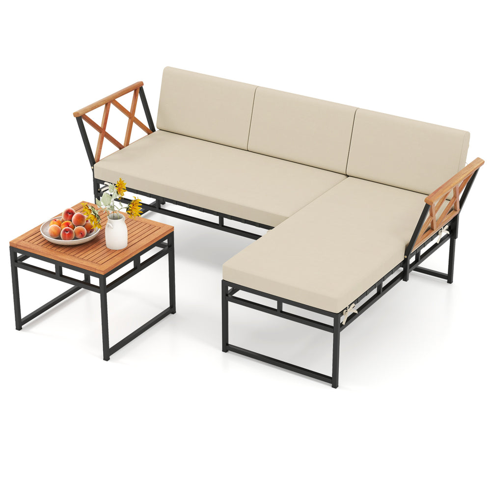 L-shaped patio furniture set featuring acacia wood, beige cushions, and a coffee table, ideal for outdoor relaxation.