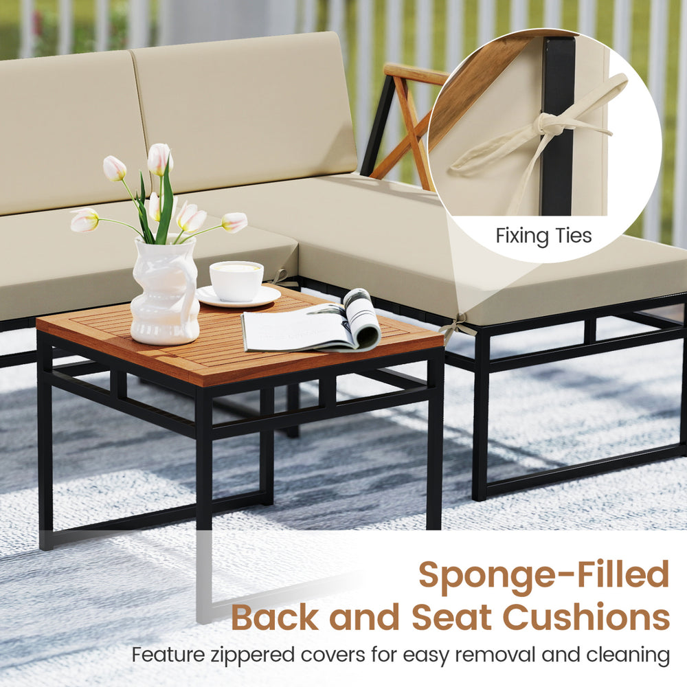 L-shaped patio furniture set featuring sponge-filled cushions and a wooden coffee table, perfect for outdoor relaxation.