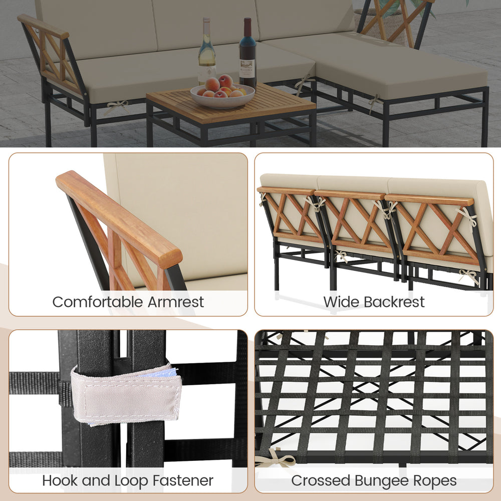L-shaped patio furniture set with acacia wood, beige cushions, and wide backrest, perfect for outdoor relaxation.