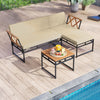 L-shaped patio furniture set with beige cushions, acacia wood accents, and a coffee table, perfect for poolside.