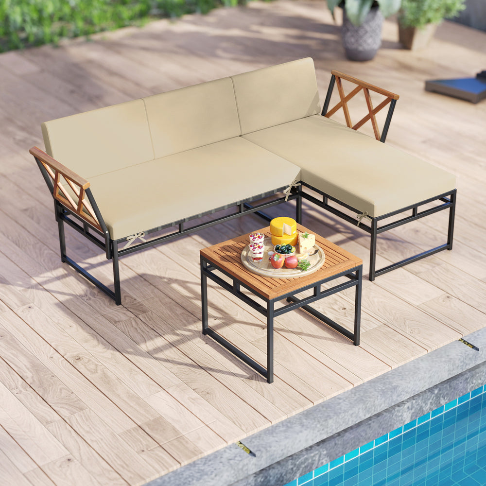 L-shaped patio furniture set with beige cushions, acacia wood accents, and a coffee table, perfect for poolside.