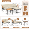L-Shaped patio furniture set featuring beige cushions, acacia wood coffee table, ideal for backyard and poolside.