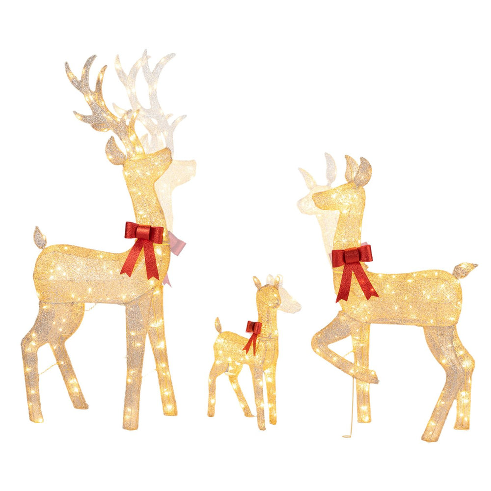 Lighted golden Christmas reindeer family set with 280 LED lights, festive bows, and sturdy metal frame for outdoor display.