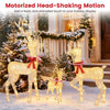Three-piece lighted golden Christmas reindeer family set with motorized head-shaking motion for festive outdoor displays.