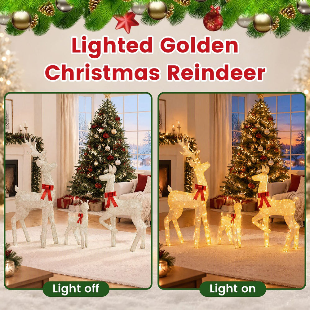 Lighted golden Christmas reindeer family set with 280 LED lights, showcasing a warm glow for festive outdoor decor.