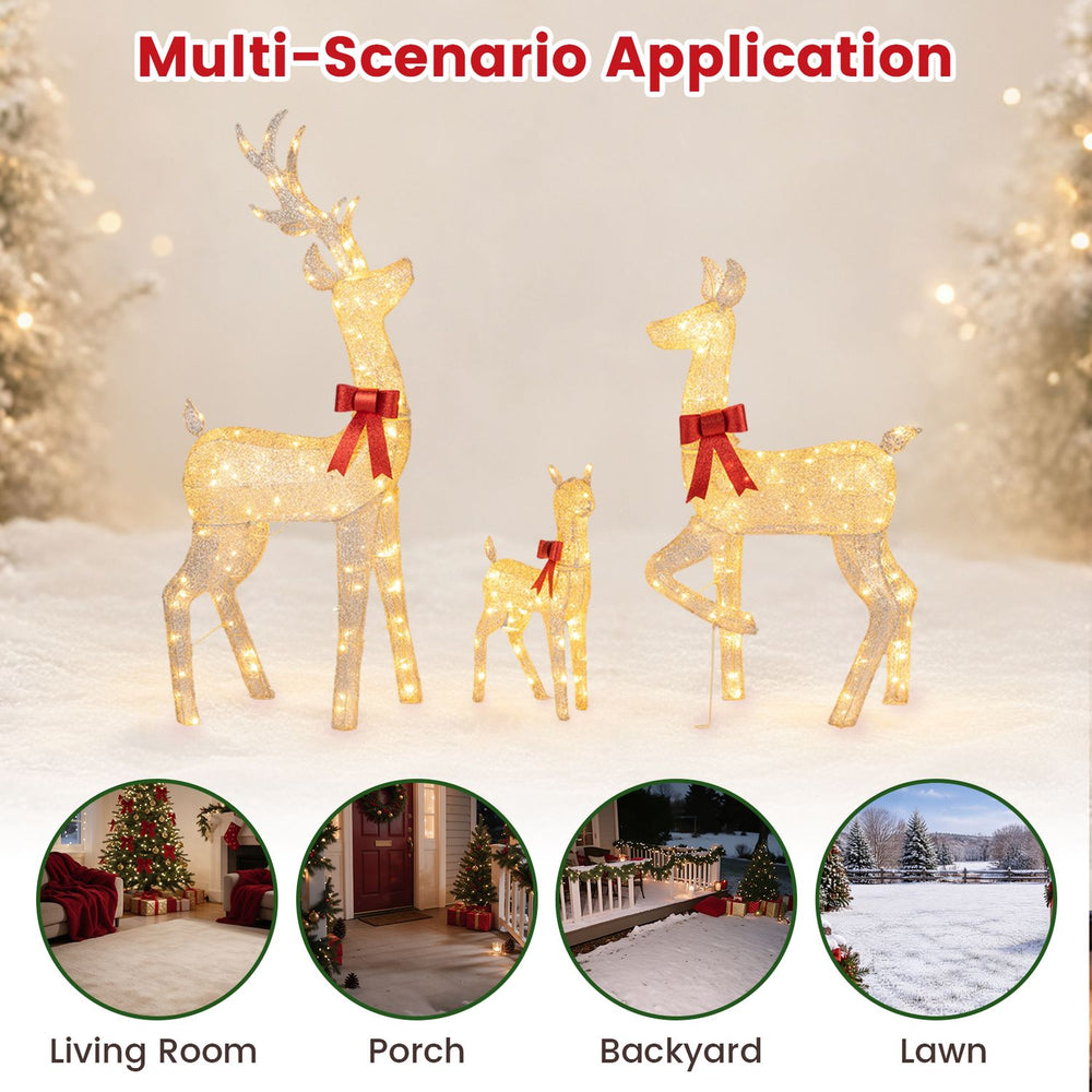 Lighted golden Christmas reindeer family set with 280 LED lights, perfect for festive outdoor decoration in various settings.