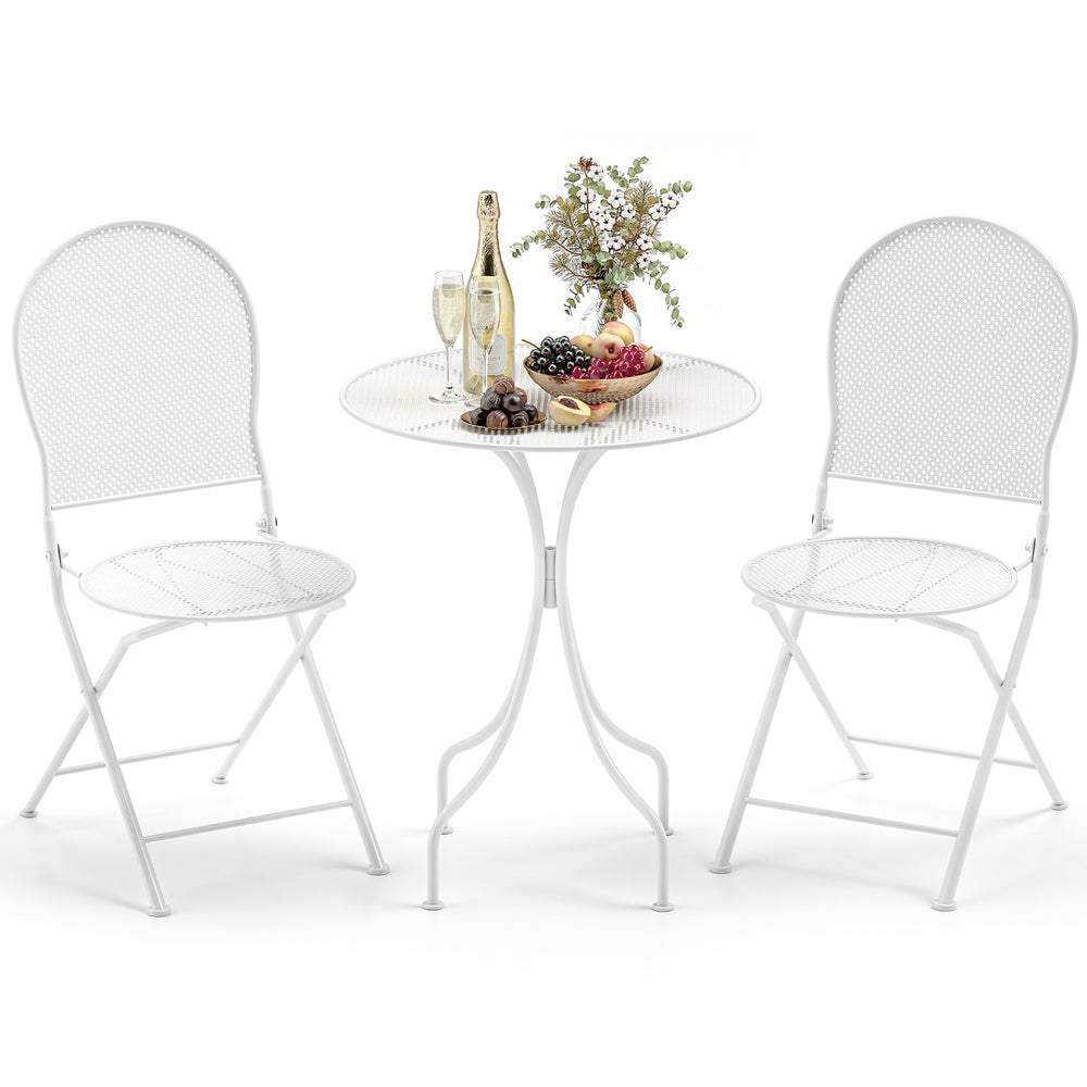 White 3-piece metal bistro set featuring a round table and 2 folding chairs, perfect for indoor and outdoor use.