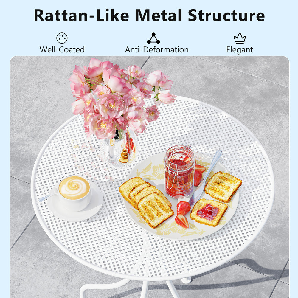 Round metal bistro table with rattan-like pattern, featuring two foldable chairs, perfect for indoor and outdoor dining.