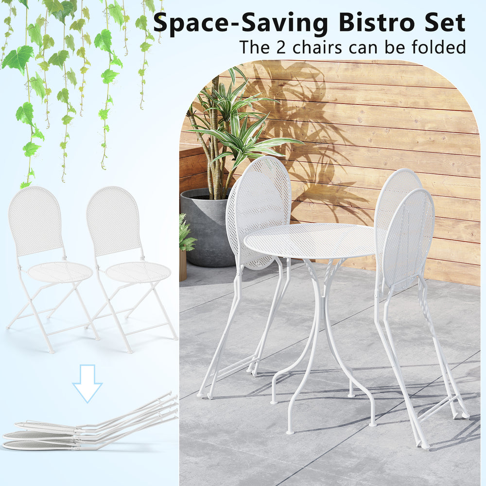 White 3-piece metal bistro set with round table and 2 foldable chairs, perfect for indoor and outdoor use.
