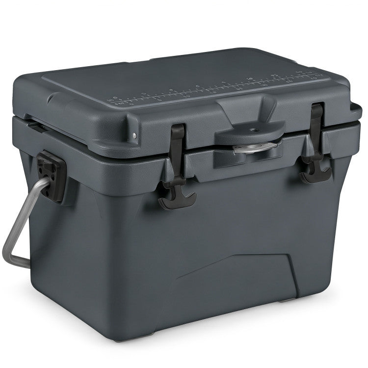 20qt hard cooler in dark gray with built-in bottle opener and fish ruler, ideal for outdoor adventures and camping.