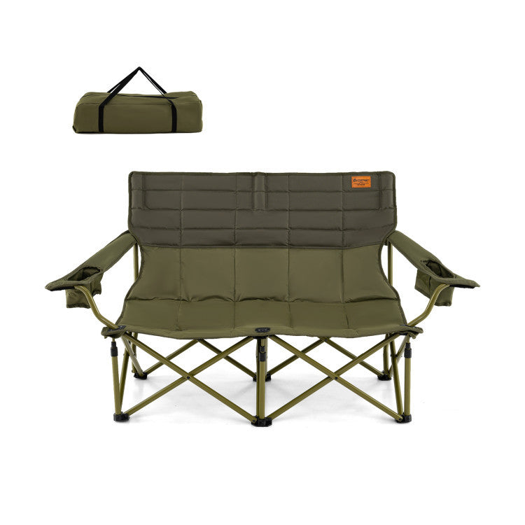 Oversized loveseat camping chair in olive green with thick padding and dual cup holders for outdoor relaxation.