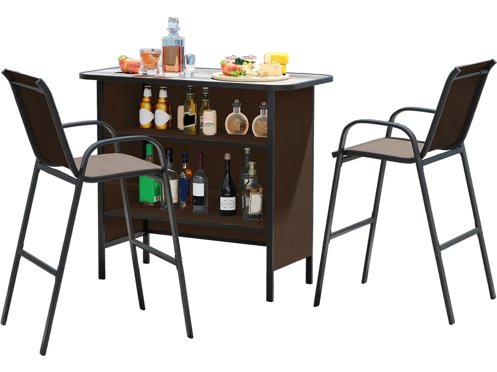 Outdoor bar set featuring a coffee wood-like tabletop, two barstools with footrests, perfect for backyard relaxation.