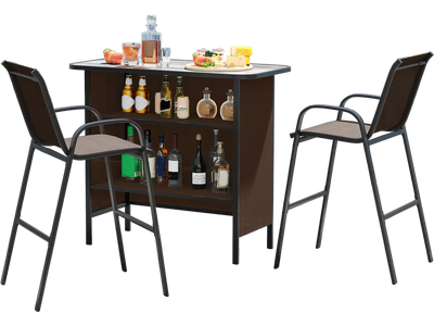 Costway 3-Piece Outdoor Bar Set with Footrest & 2-Tier Shelf Coffee 645971238 New