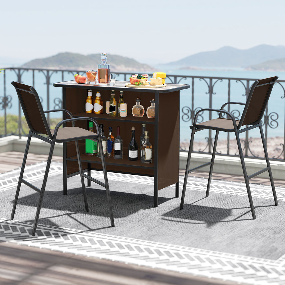 3 Piece Outdoor Bar Set with Footrest and 2-Tier Shelf-Coffee - Gallery View 1 of 10