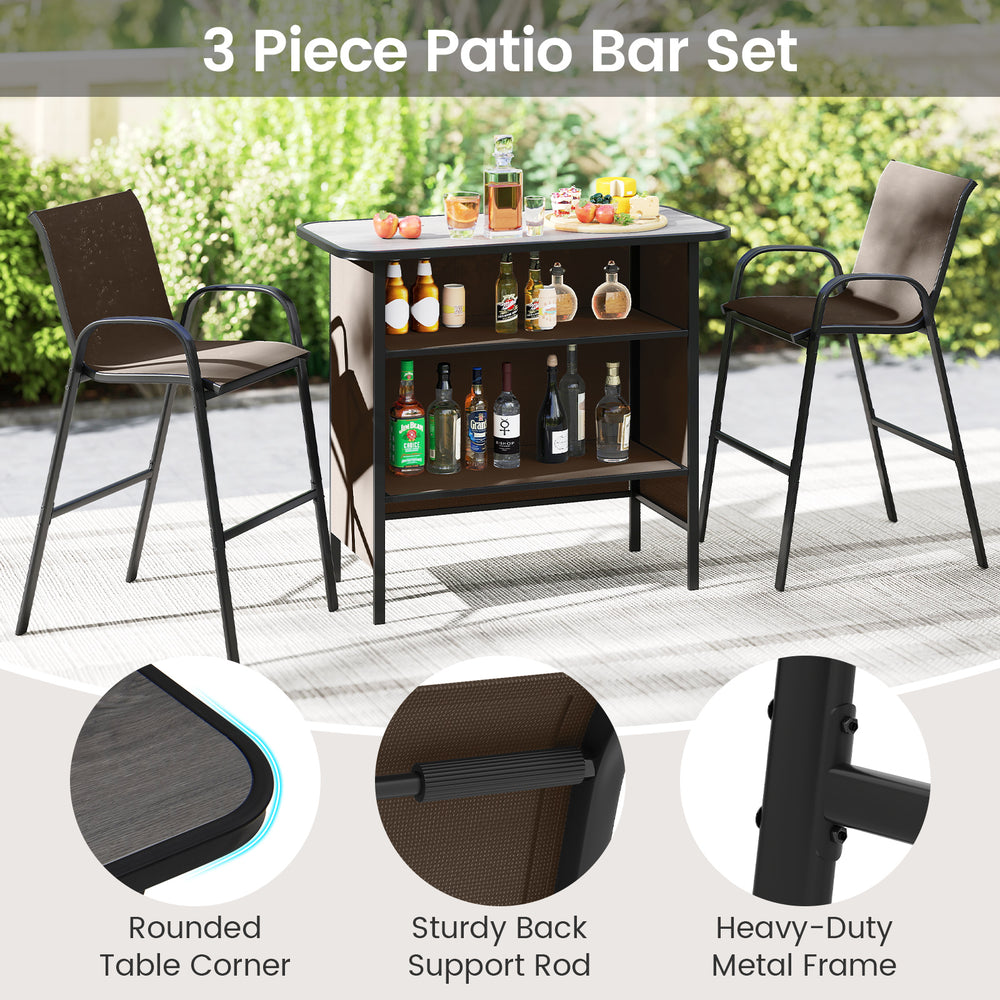 3-piece outdoor bar set featuring a wood-like PVC tabletop, sturdy metal frame, and ergonomic barstools for backyard.