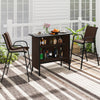 3-piece outdoor bar set featuring a coffee wood-like tabletop, two ergonomic barstools, and a 2-tier storage shelf.