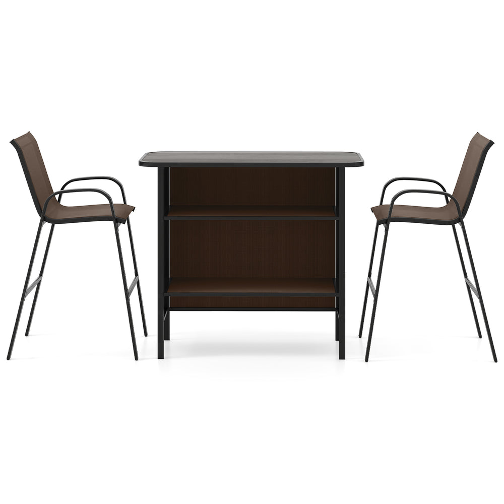 3-piece outdoor bar set featuring a wood-like PVC tabletop, two ergonomic barstools, and a 2-tier shelf for storage.