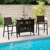 3-piece outdoor bar set featuring a coffee wood-like tabletop, two barstools with footrests, perfect for poolside.