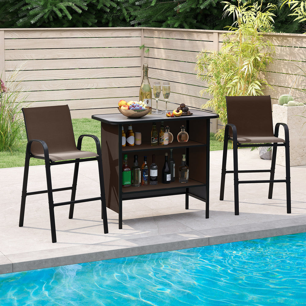 3-piece outdoor bar set featuring a coffee wood-like tabletop, two barstools with footrests, perfect for poolside.